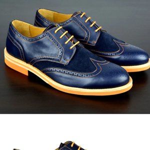 Mens Navy & Orange Leather Wingtip Dress Shoes